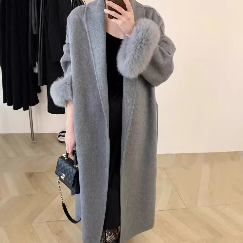 Women's Long Reversible Wool Coat with Lapel and Pockets