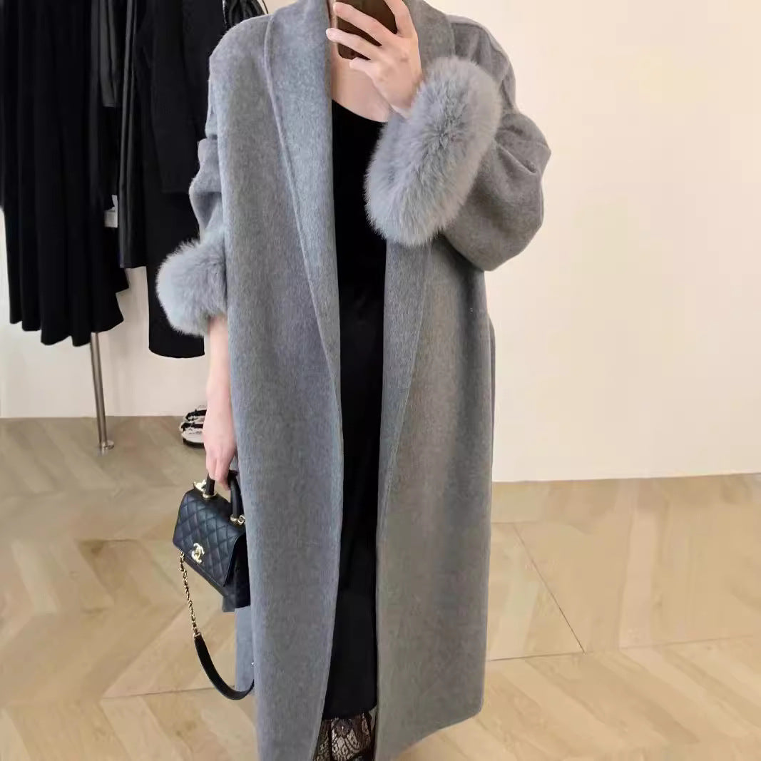 Women's Long Reversible Wool Coat with Lapel and Pockets