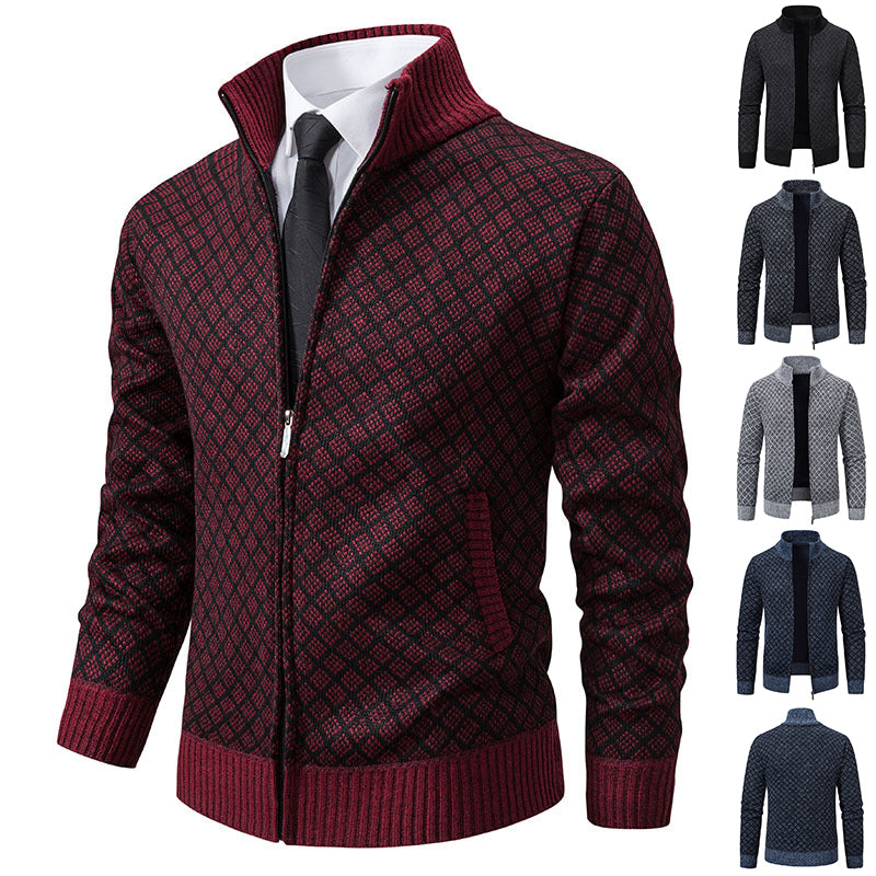 Men's Slim Fit Thickened Plaid Zipper Cardigan Sweater Stand Collar Long Sleeve Winter Knit