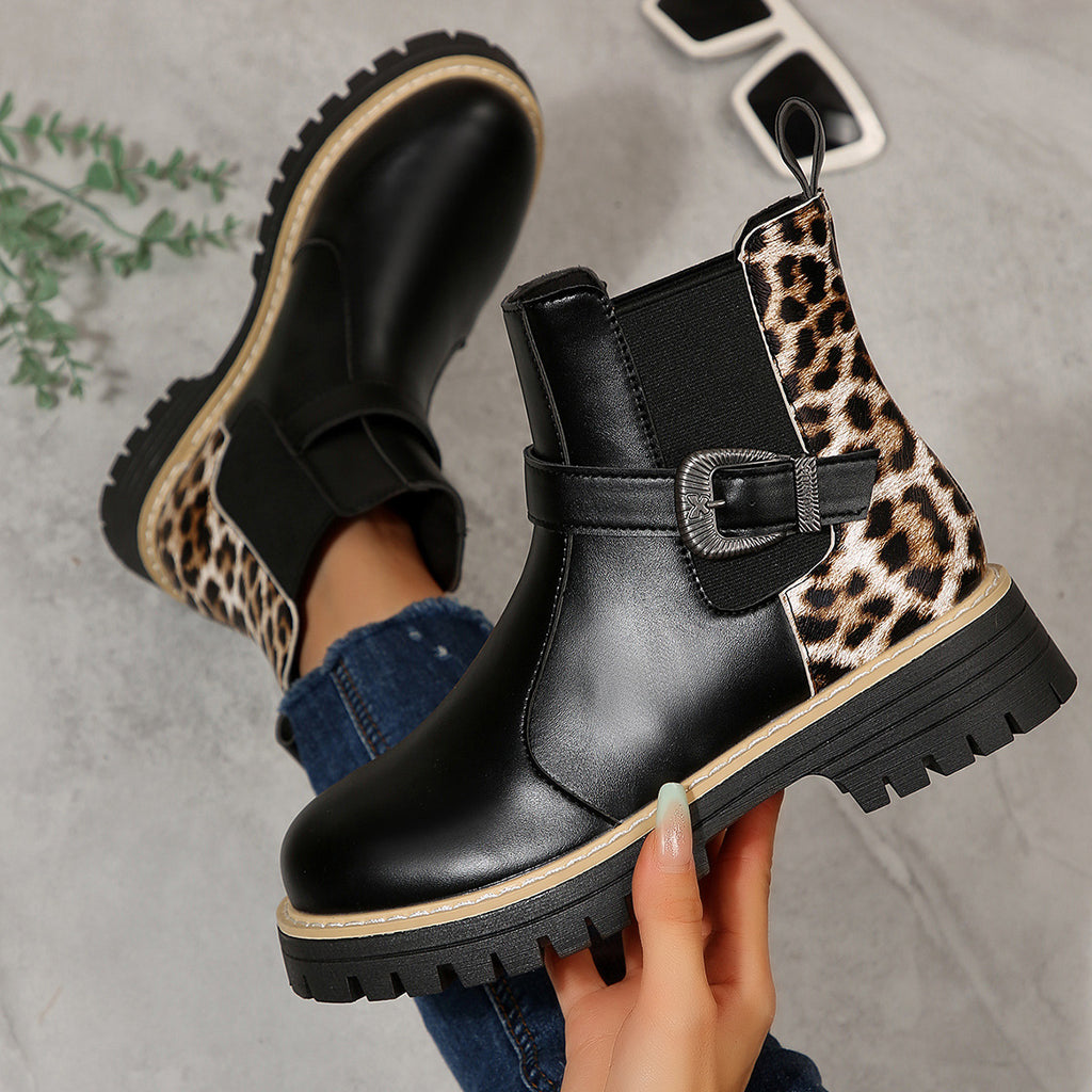 Bottines mi-hautes léopard grande taille à talon mi-haut et boucle métallique