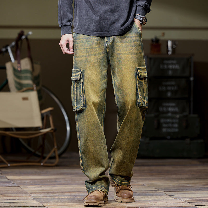 Hip Hop Men's Retro Nostalgic Multi-Pocket Denim Pants