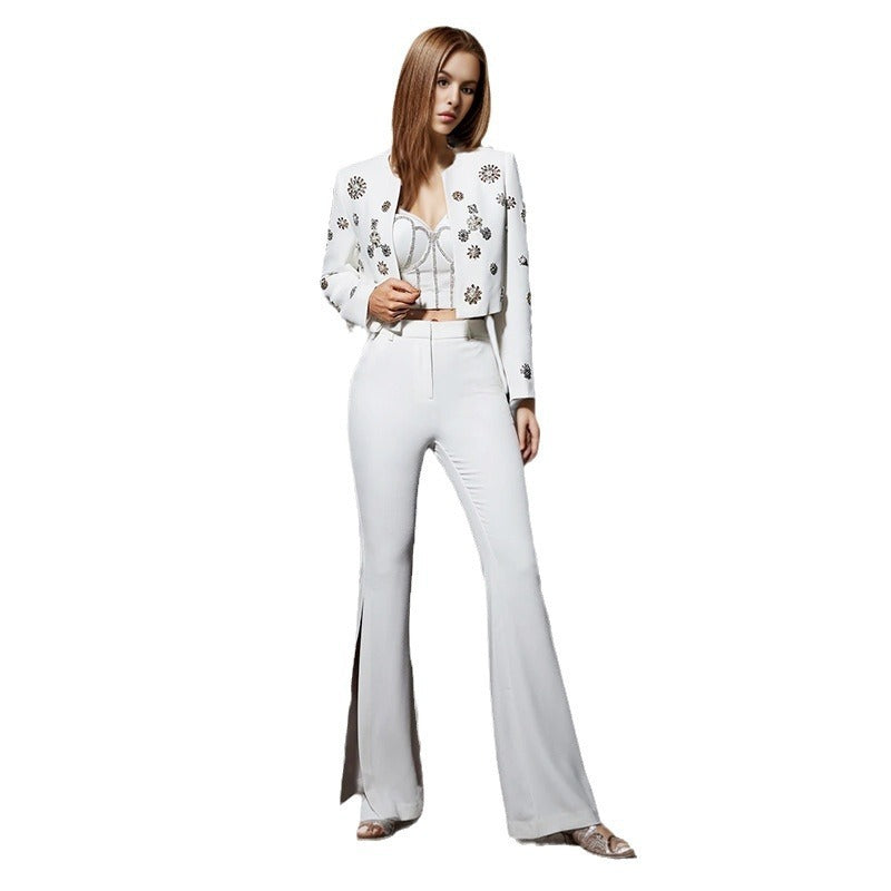 Women’s White Side-Slit Bootcut Trousers Suit Polyester
