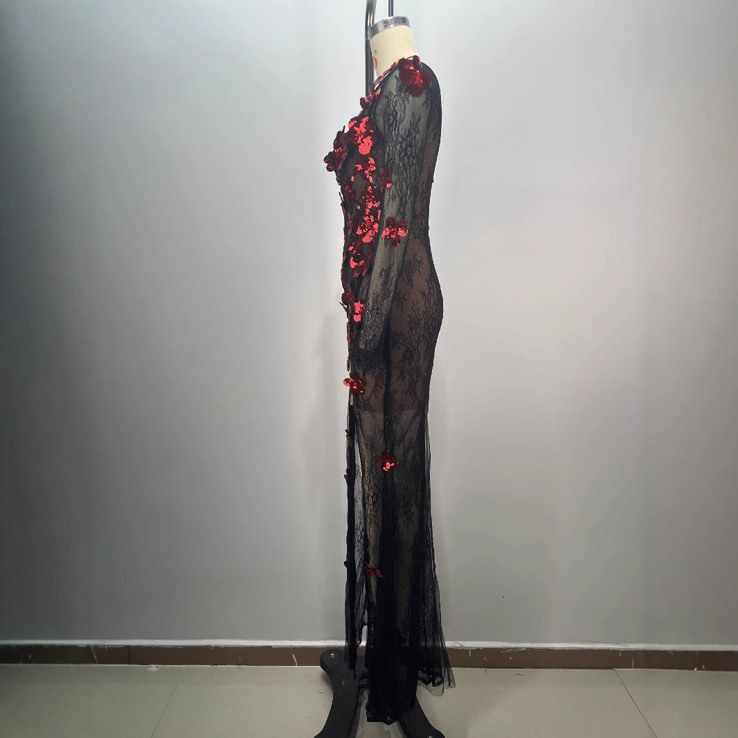 Round Neck Lace See-through Sequined Slit Slim-fitting Birthday Party Evening Dress