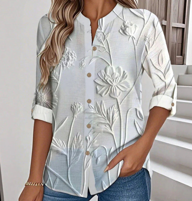 Chemise boutonnée ample à manches longues imprimée 3D pour femme d'automne