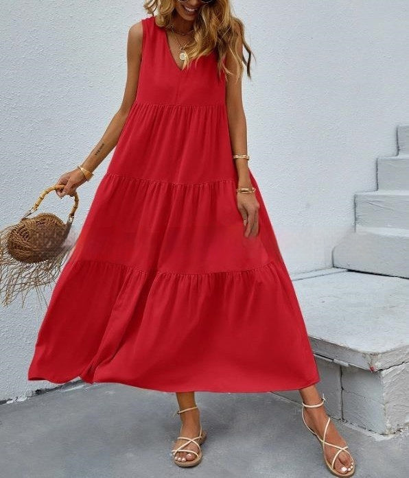 Women's Loose Waist Cotton Sleeveless V-neck Dress