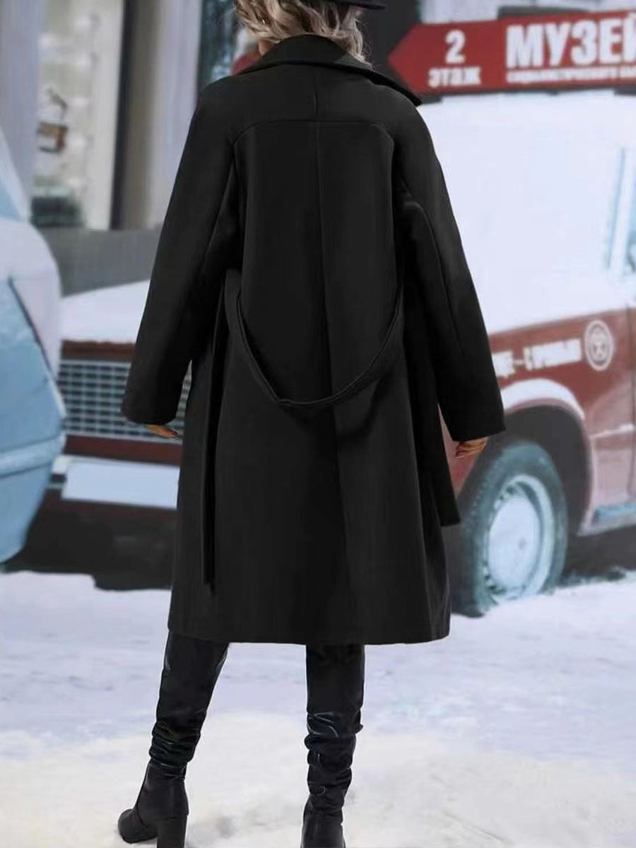 Manteau Trench long femme double boutonnage à revers et ceinture pour l'hiver