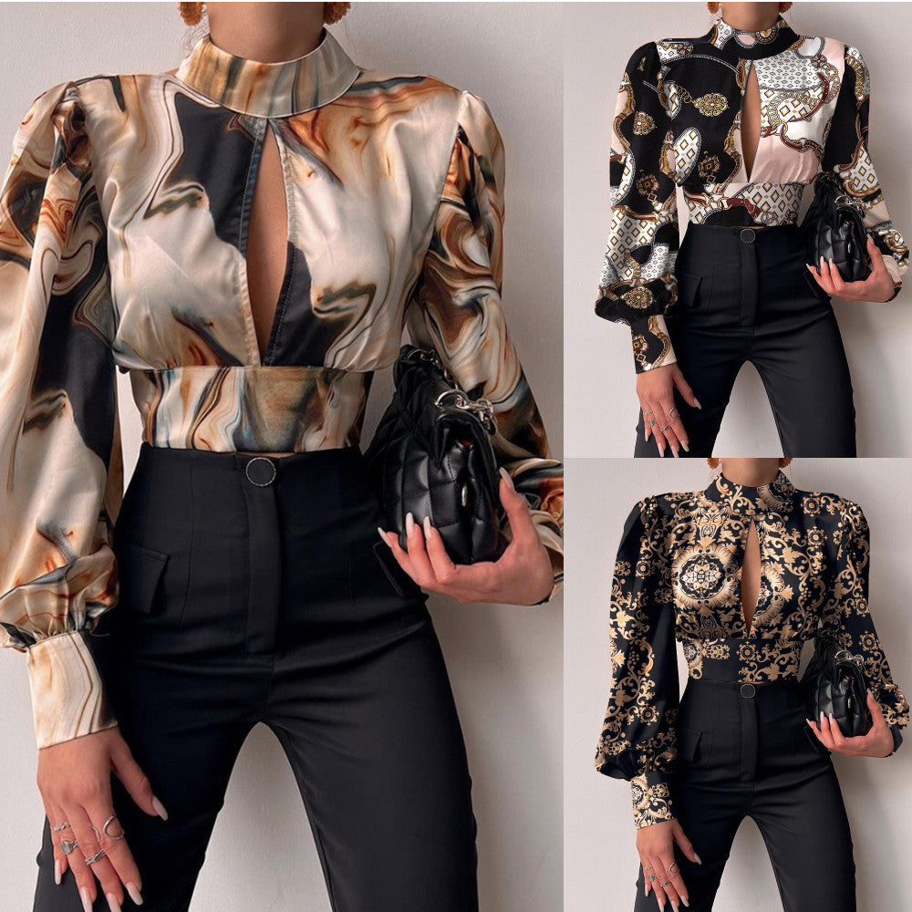 Spring Stand Collar Long Sleeve Lantern Sleeve Open Back Hollow Top Shirt