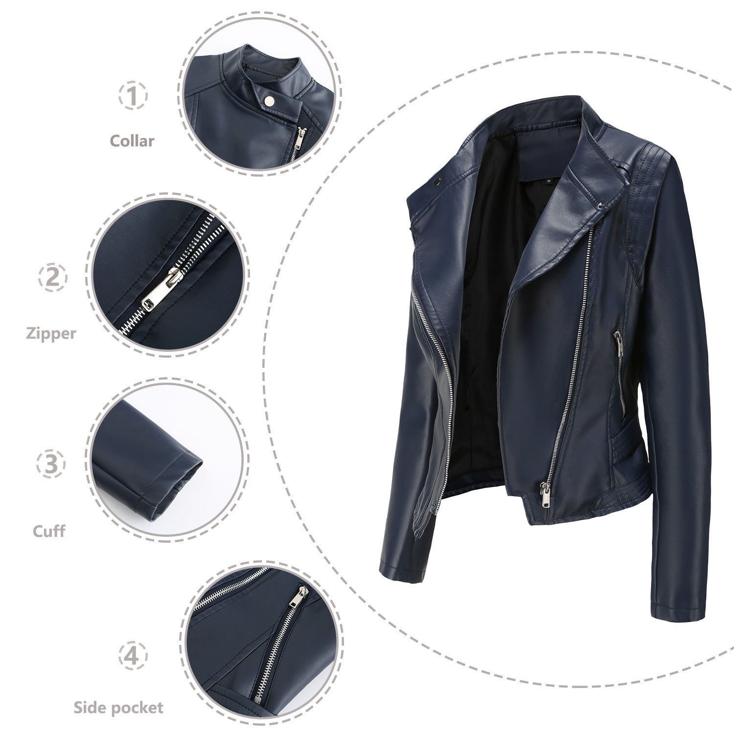 Women’s Slim-Fit PU Lapel Leather Coat with Pockets