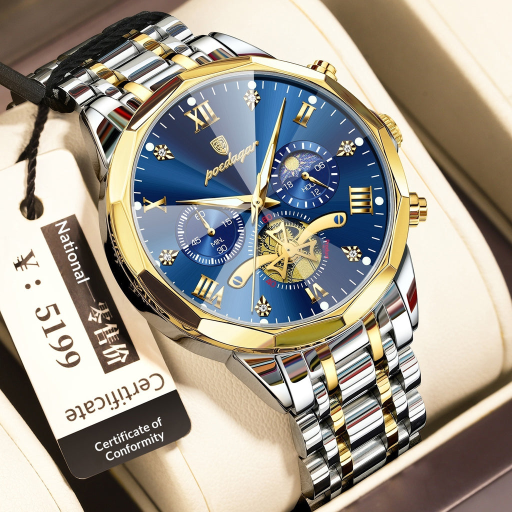 Waterproof Multifunctional Quartz Watch for Men with Stainless Steel Strap