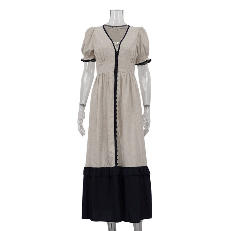 Robe-cardigan en lin abricot avec manches à volants contrastantes