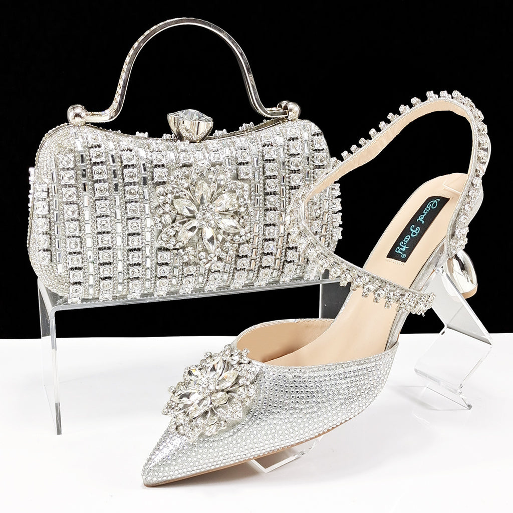 Sexy Women's High Heel Shoes and Bag Set with Rhinestones, Sizes 38-43