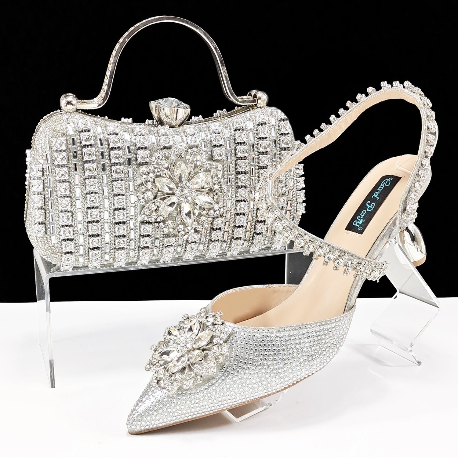 Sexy Women's High Heel Shoes and Bag Set with Rhinestones, Sizes 38-43