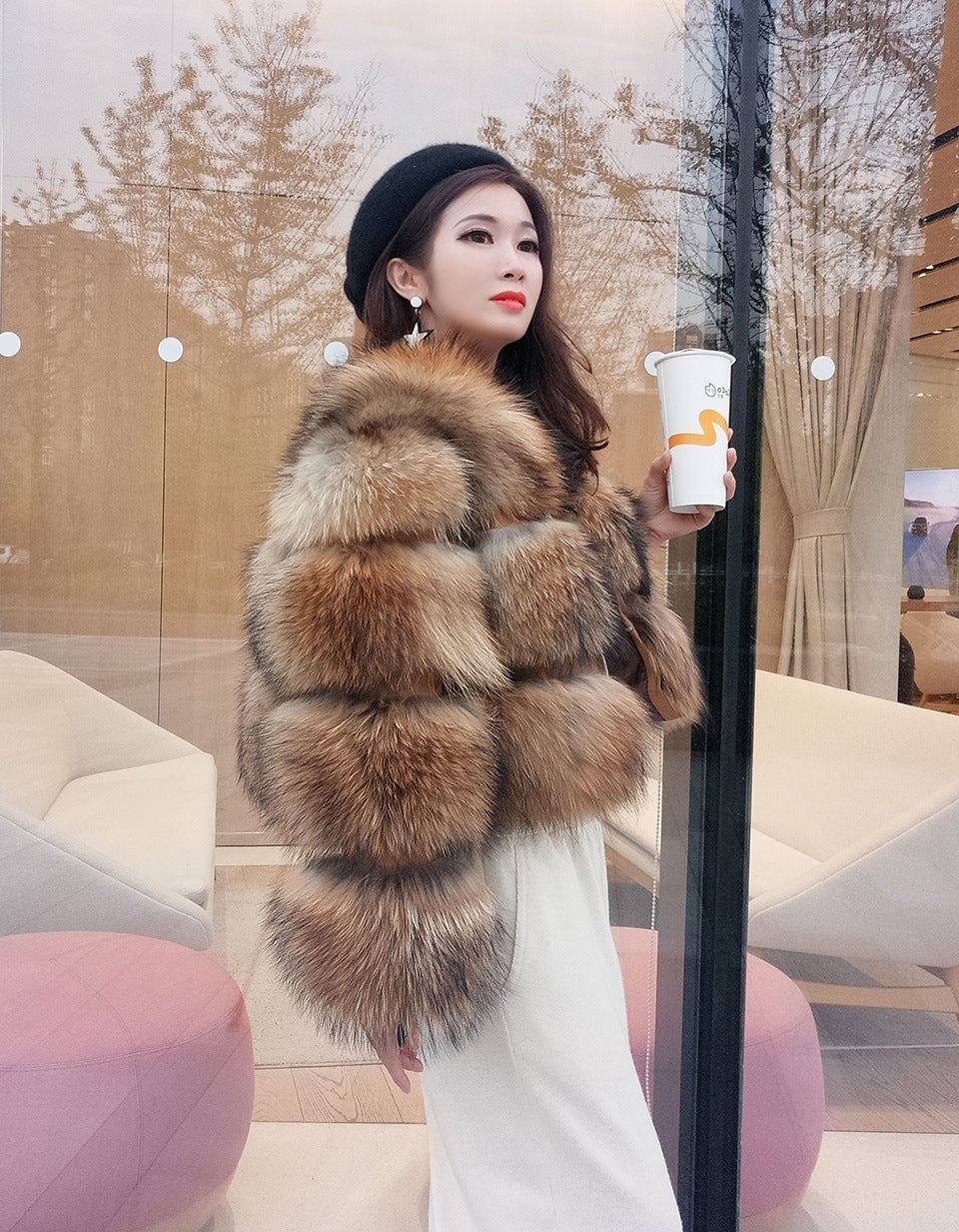 Thickened Fox Fur Stitching Coat Faux Fur Jacket
