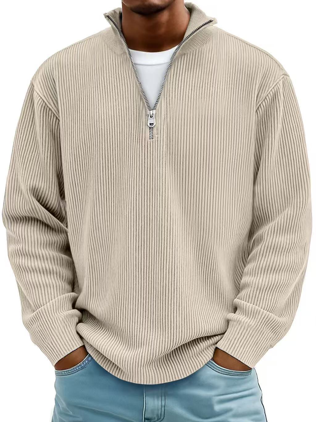 Casual Ribbed Stand Collar Corduroy Zipper Long Sleeve Pullover