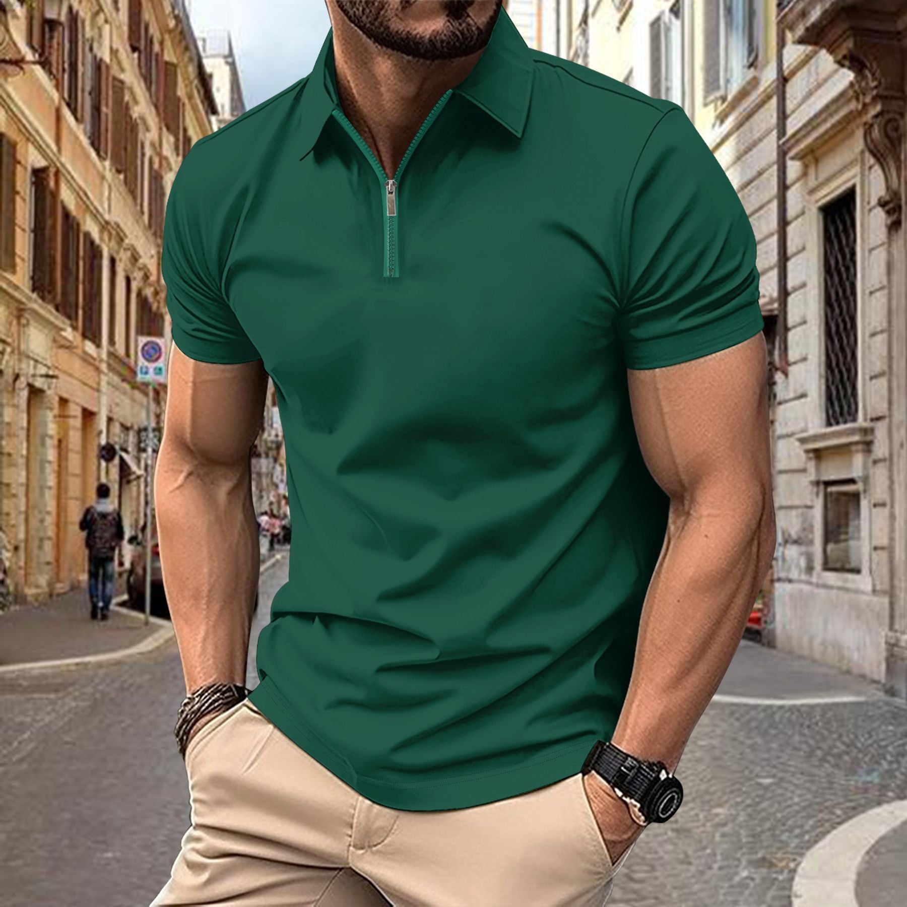 Men's Zipper Lapel Polo Shirt Short Sleeve