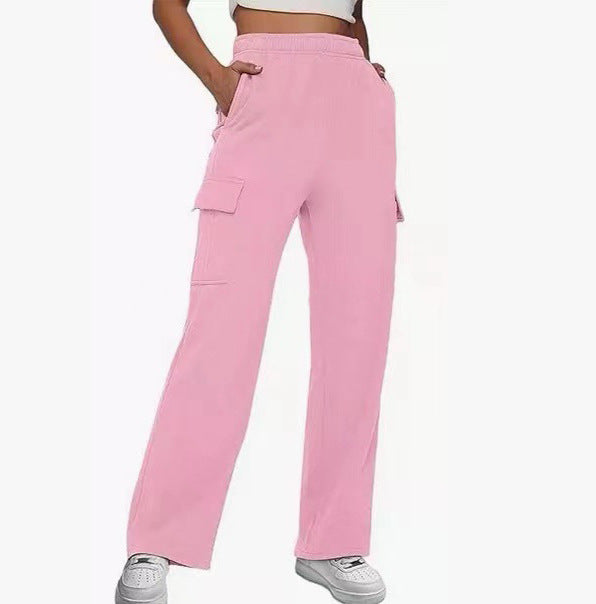 Women's High Waist Pocket Overalls Casual Pants Polyester