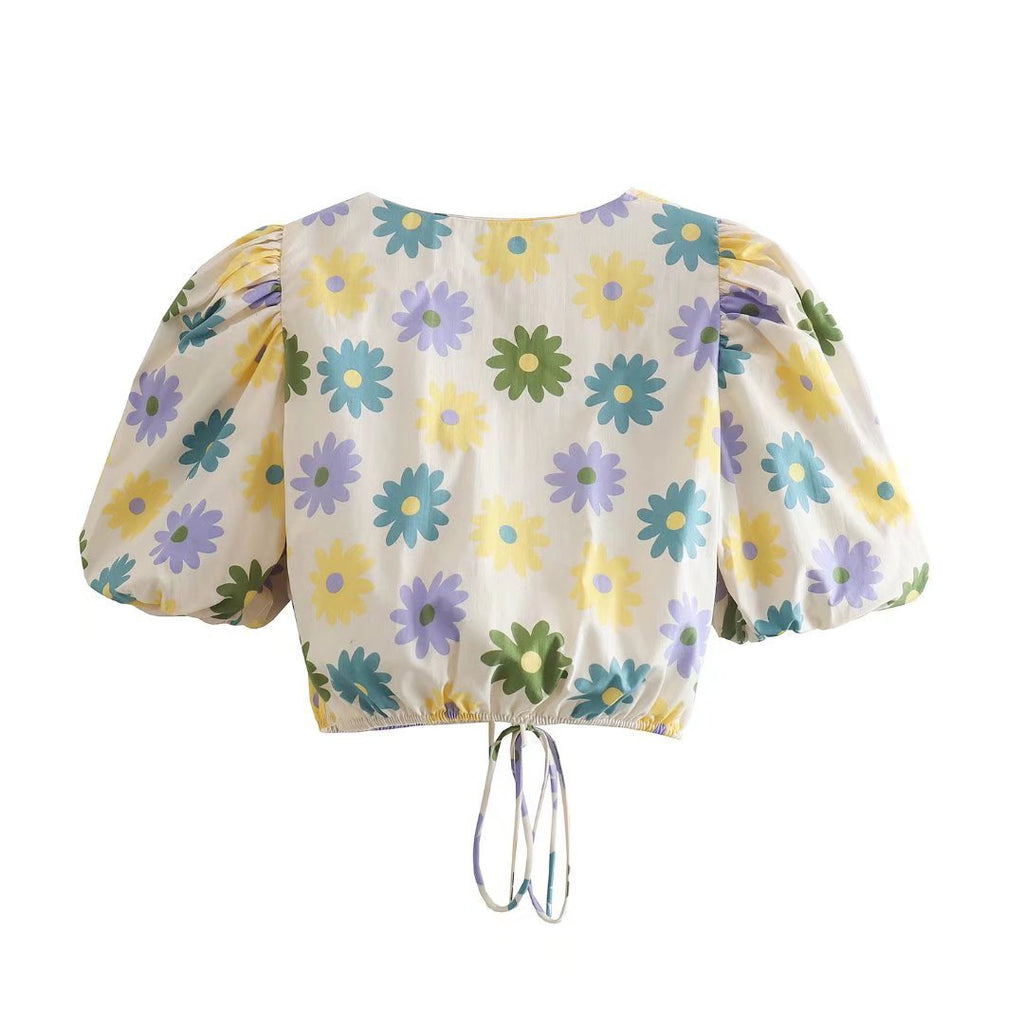 Floral Print Puff Sleeve Cropped Tie Collar Top