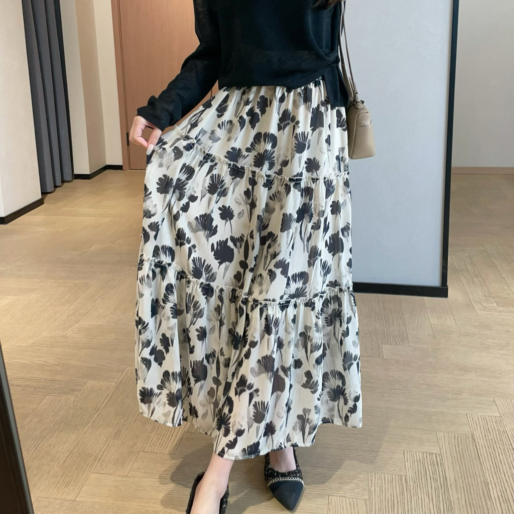 Elegant Romantic Ink Flower Printed Chiffon Skirt Mid-Length