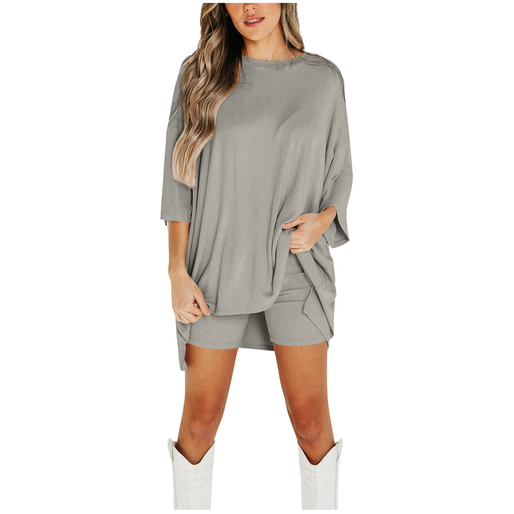 Ensemble short d'été pour femme, T-shirt ample à manches chauve-souris et pantalon slim