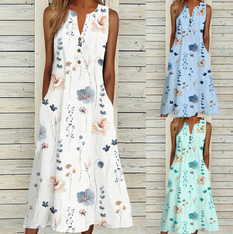 Summer V-Neck Casual Printed Long A-Line Skirt