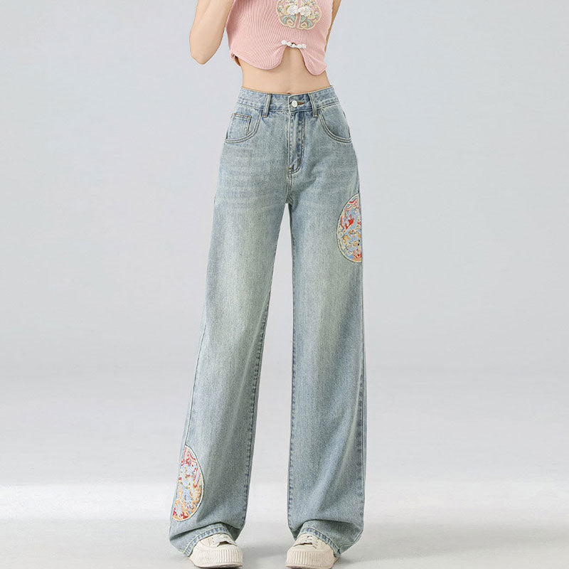High Waist Light Blue Embroidered Wide Leg Cotton Denim Trousers