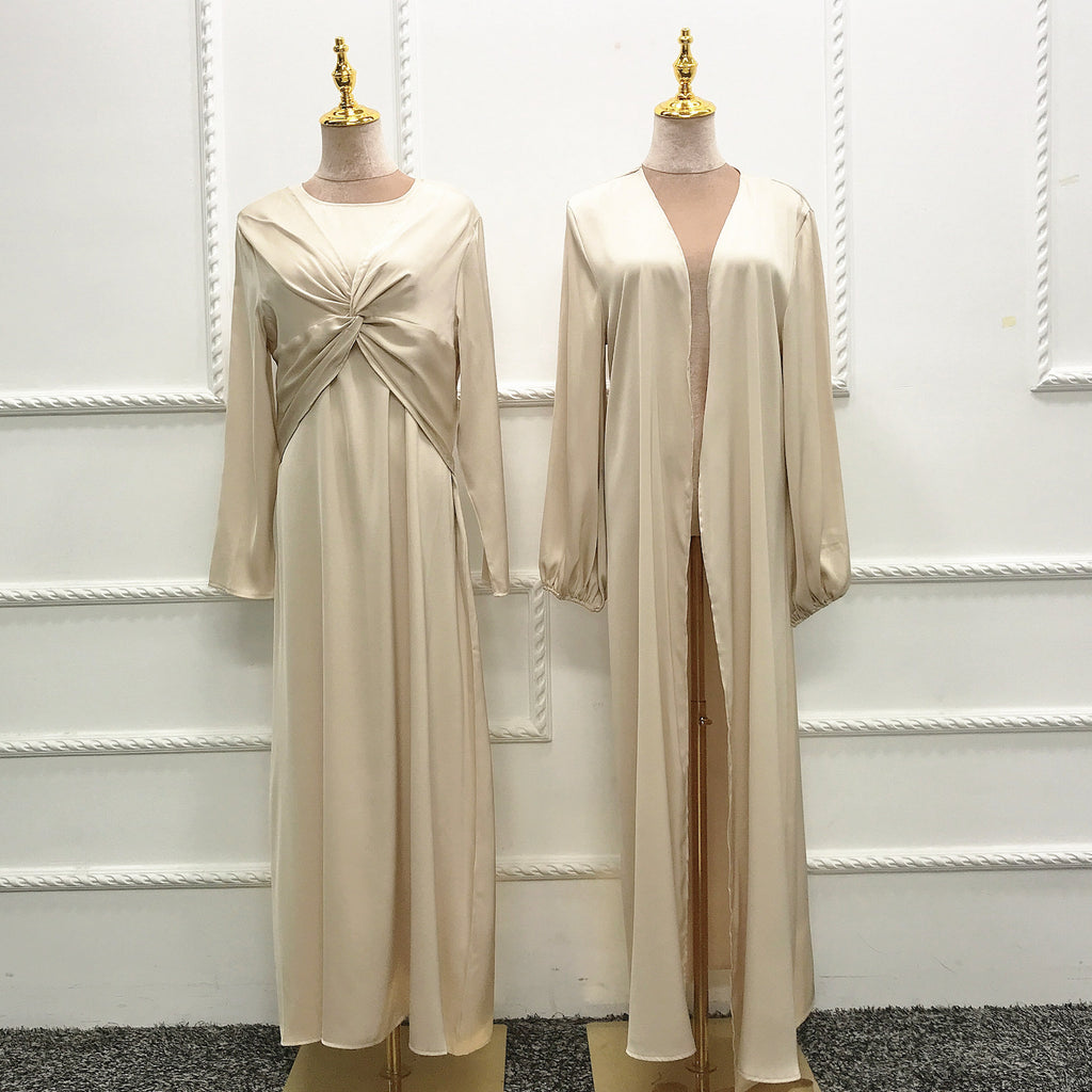 Turkey Dubai Fashion Solid Color Two-Piece Dress Cardigan Set for Middle Eastern Women