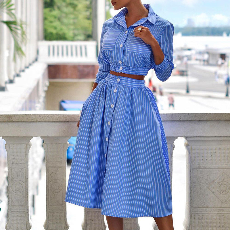 Printed Button Pocket Blouse & Mid-Length Skirt Suit with Stand Collar