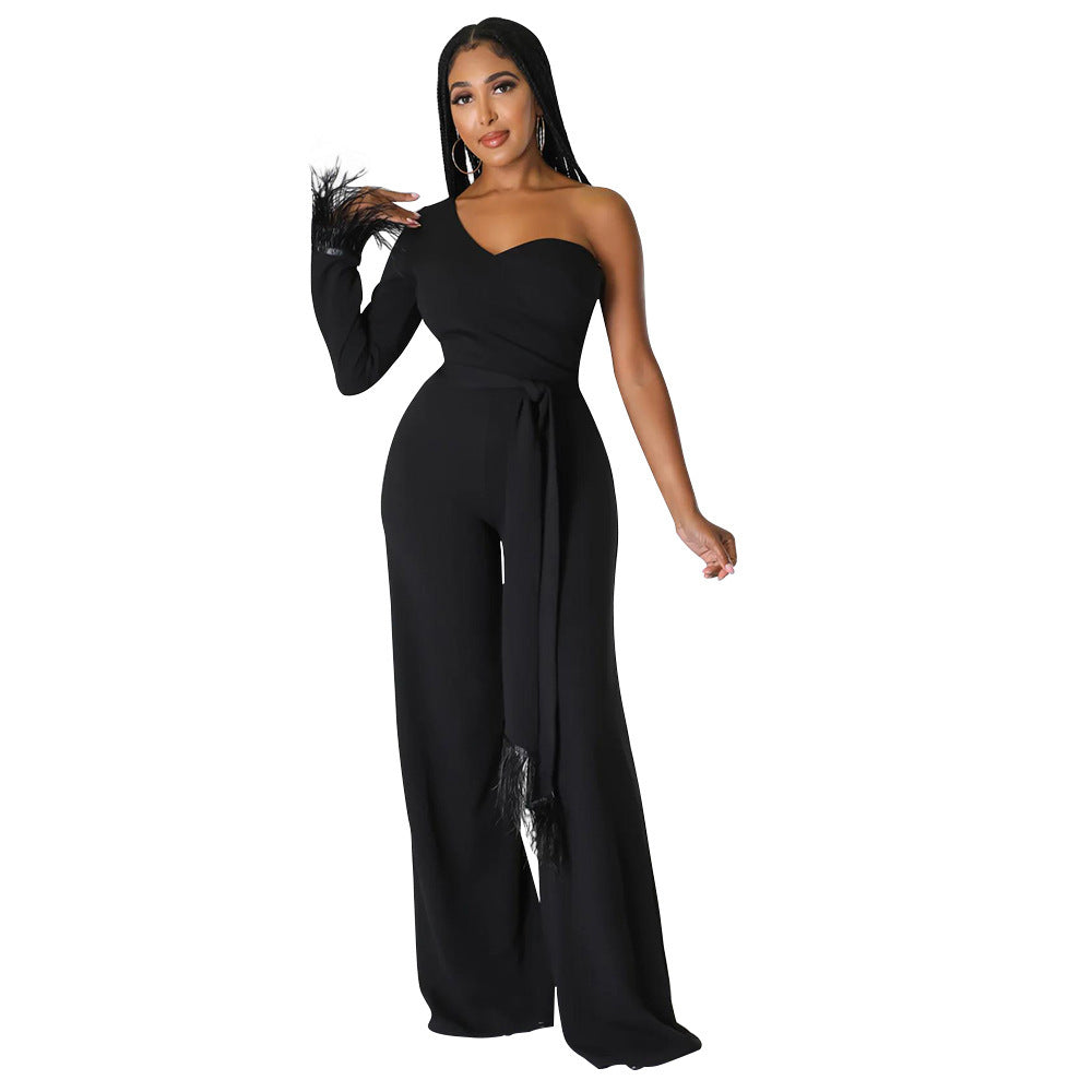 Wide-Leg Tassel Jumpsuit with One-Shoulder Design