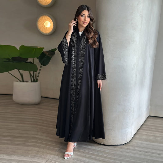 Stylish And Elegant Black Middle East Robe With Rhinestone Embellishments