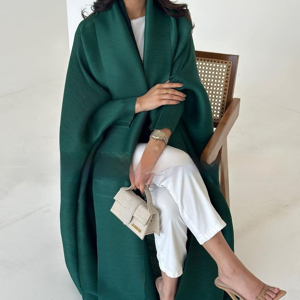 Pleated Trench Djellaba Printed Shawl Cardigan Ethnic Cloak Coat for Middle East Women