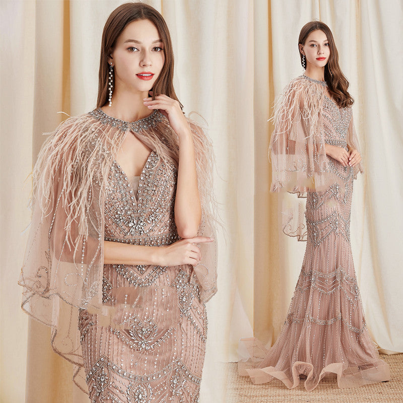 Ladies' Elegant Mermaid Dress with Shawl in Lotus Root Pink
