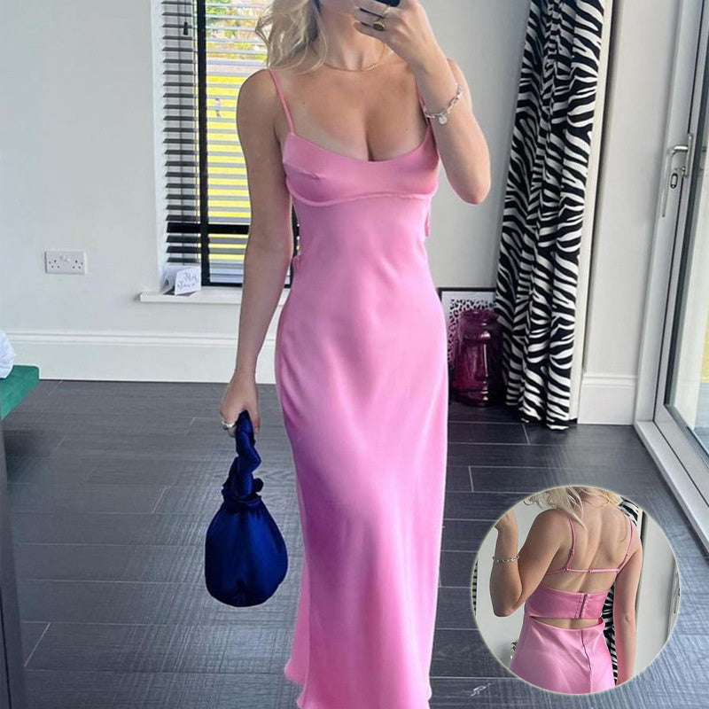 Women’s Satin Sleeveless Backless Long Slip Dress – Elegant Casual Party Summer Dress