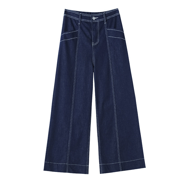 High-Waist Wide-Leg Denim Ankle Pants for Women with Double Stitching