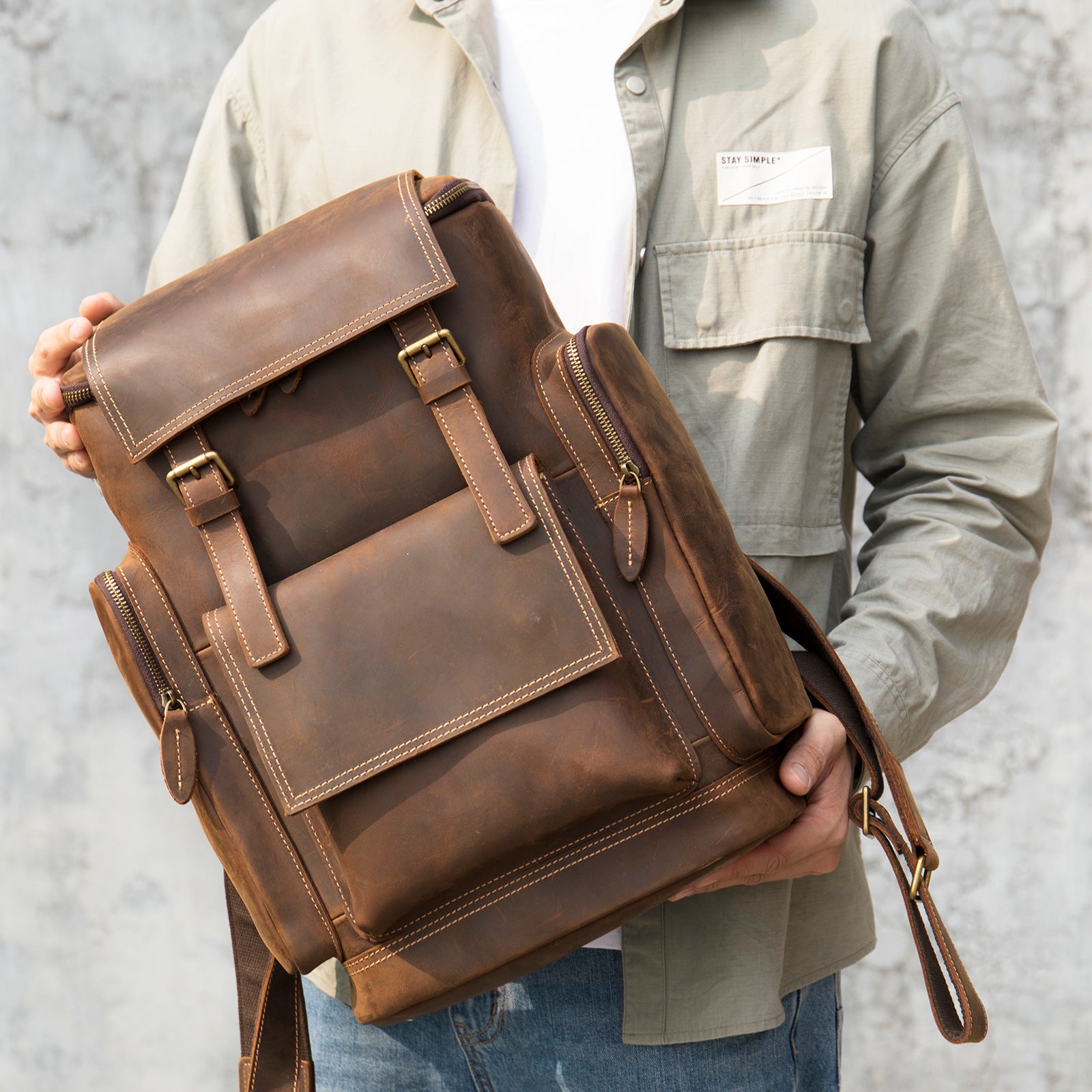Vintage Crazy Horse Leather Backpack for Men - Coffee