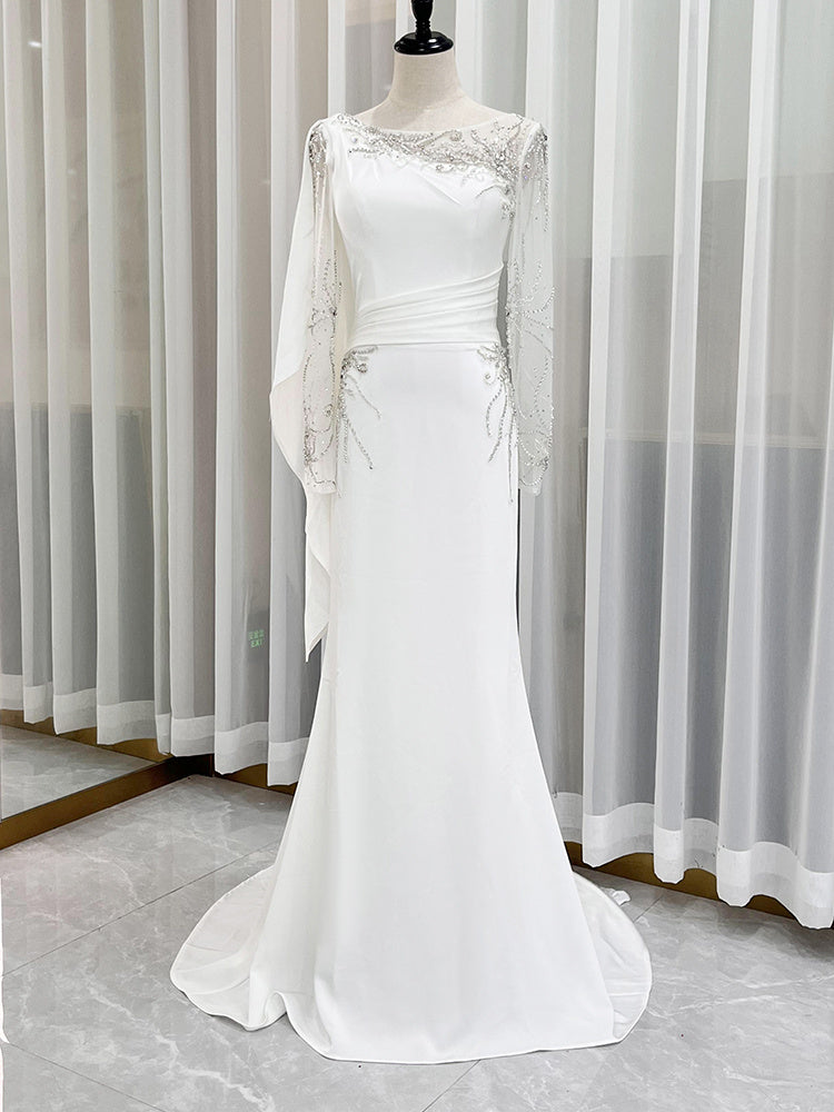 Elegant Slimming Long Sleeve Evening Dress with Zipper in White or Red