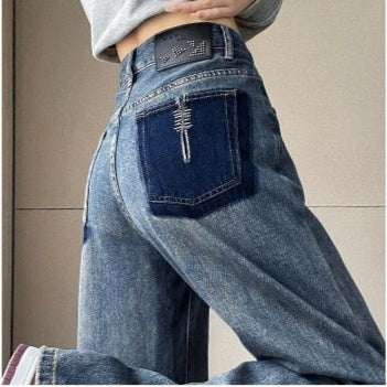 Jean en denim taille haute à jambe droite pour femme