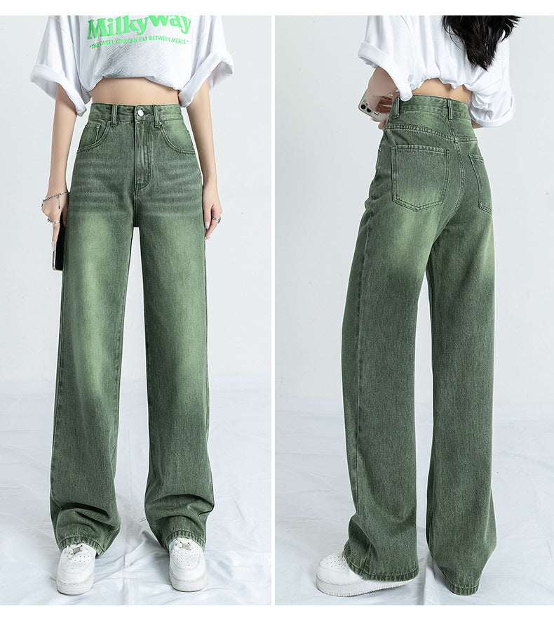 بنطلون جينز نسائي بخصر عالٍ، بنمط أمريكي مستقيم، بتصميم كلاسيكي