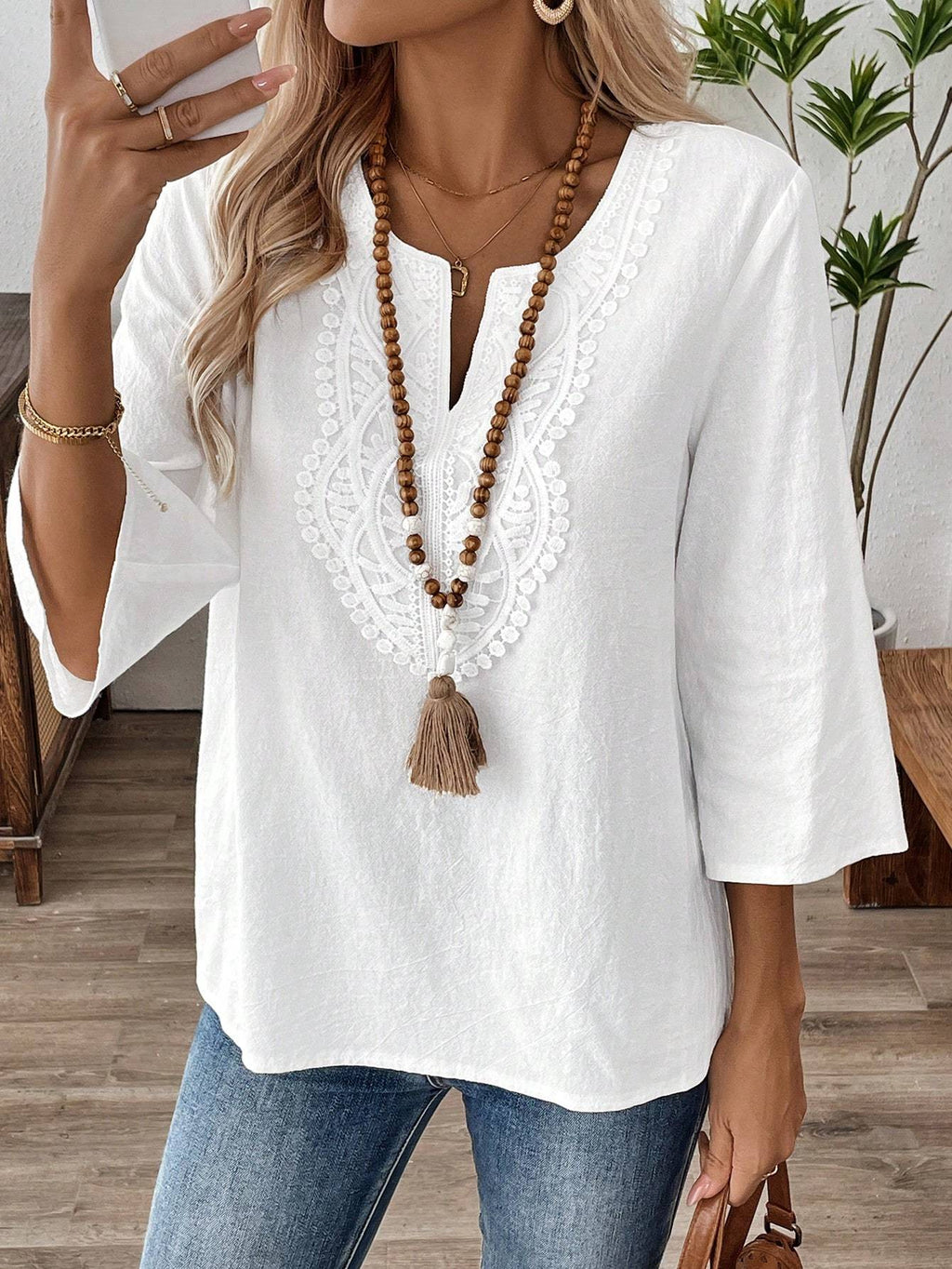 Women's Casual Solid V-Neck Long Sleeve Blouse
