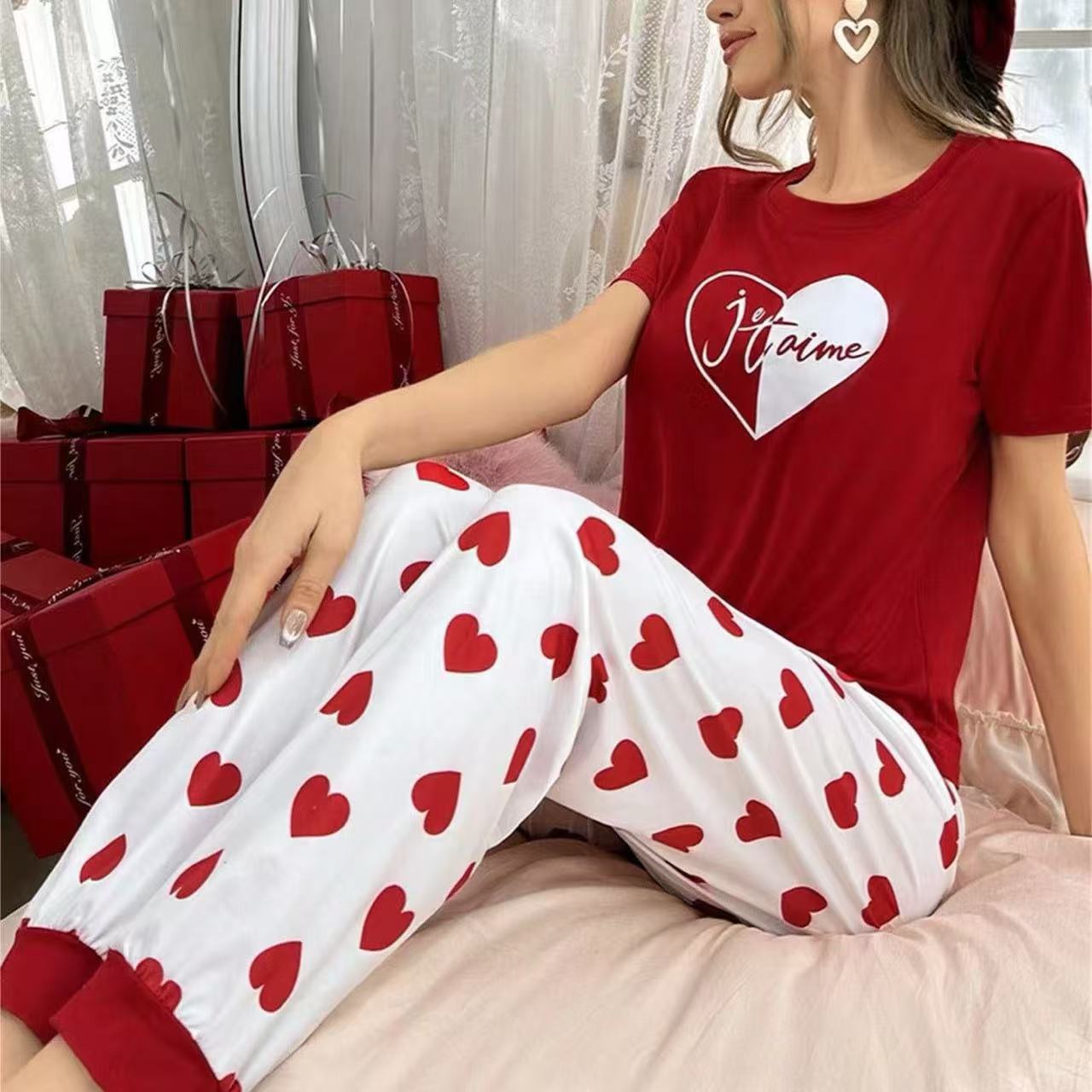 طقم بيجامة كاجوال مريح مع بنطال طويل باللونين الأحمر والأخضر، مقاسات S-XL