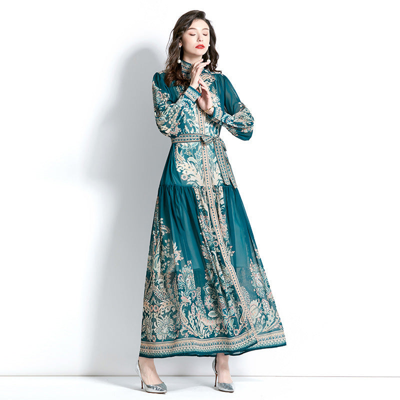 Muslim Women Long Sleeve Puff Sleeve Lace Print Dress with Stand-Up Collar