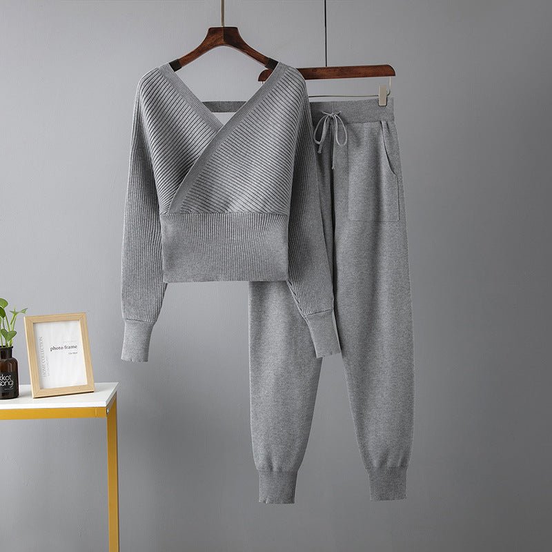 Sexy V-Neck Sweater and Casual Sports Pants Two-Piece Set for Women