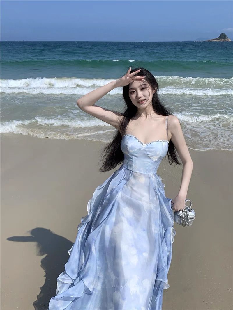 French Blue Strapless Sling Dress Seaside Vacation Draping Effect