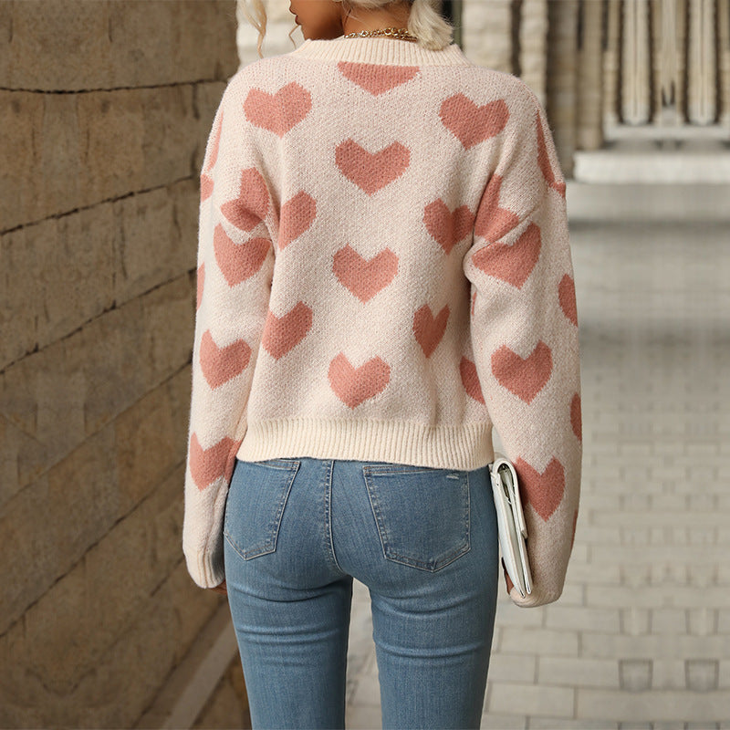 Fashion Love Print Knitting Sweater Casual Long-Sleeve Pullover for Women