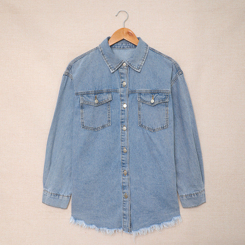 Haut en jean mi-long à manches longues, simple boutonnage et col à revers de couleur unie pour femme