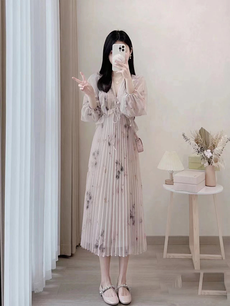 Pink French Chiffon Floral Dress For Women