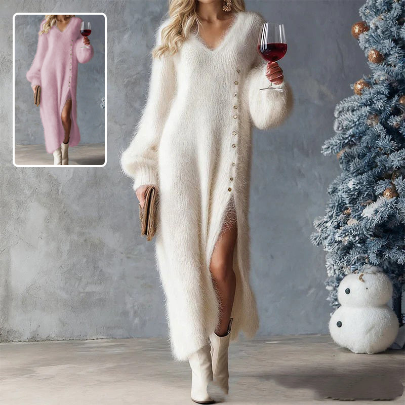 Robe longue chic en polaire à col en V et boutonnée pour femme