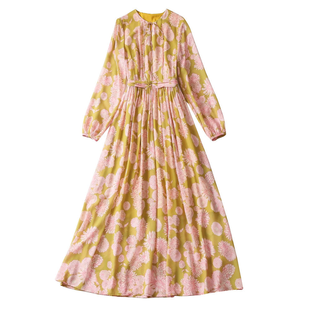 Robe longue femme à col rond, manches lanternes et ceinture à nouer