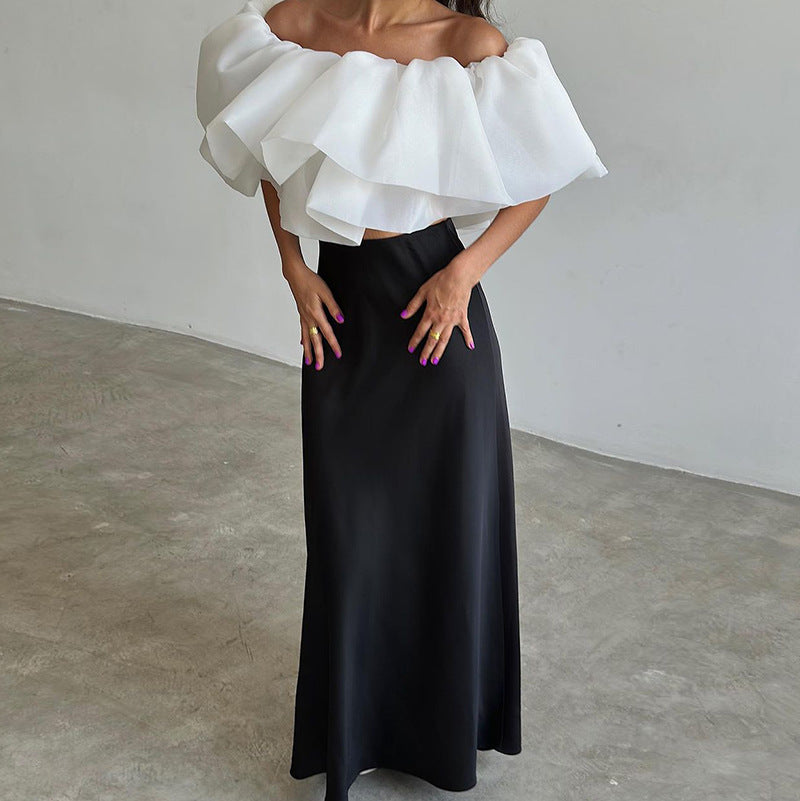 Elegant Off-Shoulder Ruffle Sleeve Top and Long Skirt Suit for Women