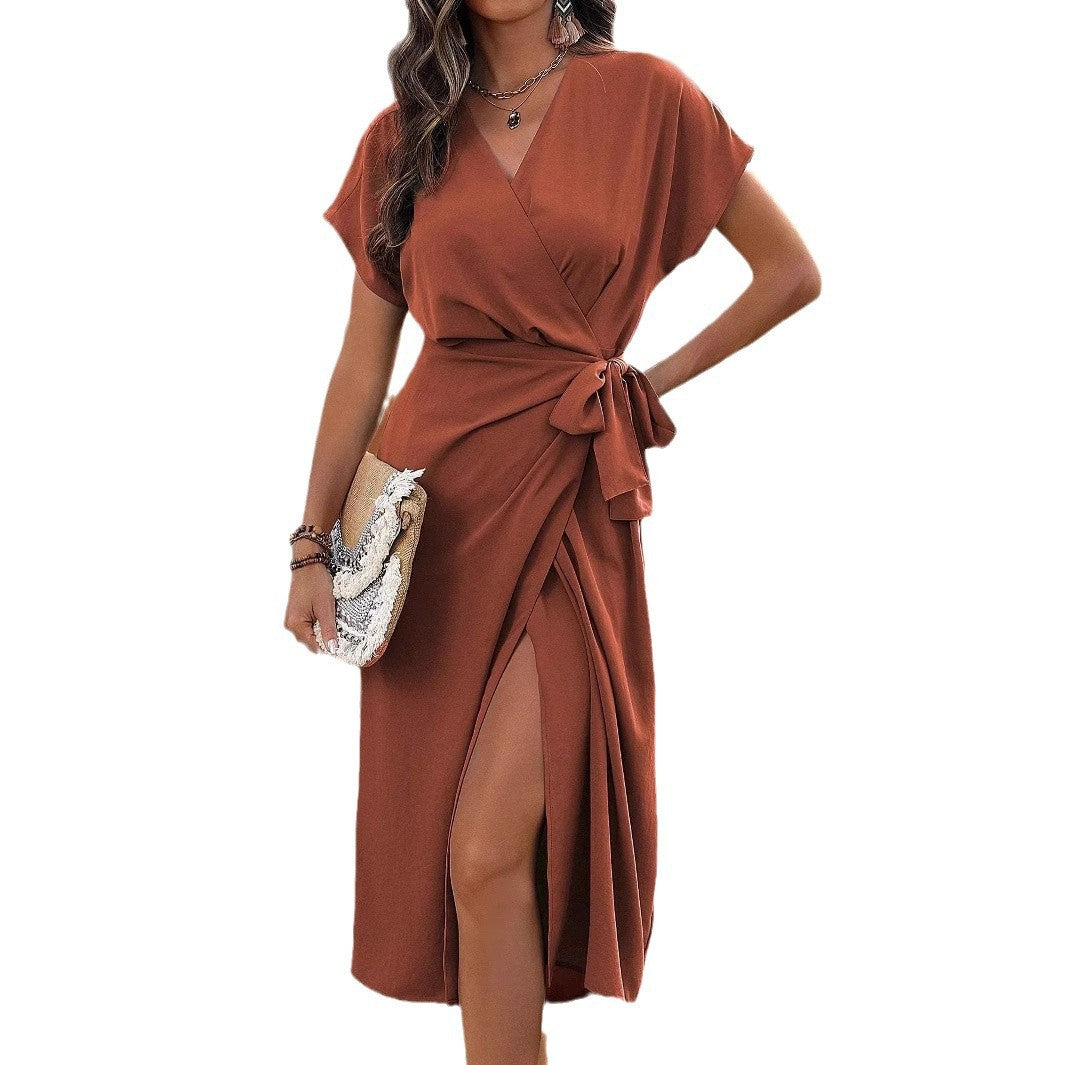 Women's Solid Color Wrap Suspender Dress Mid-Length Commuting Fashion