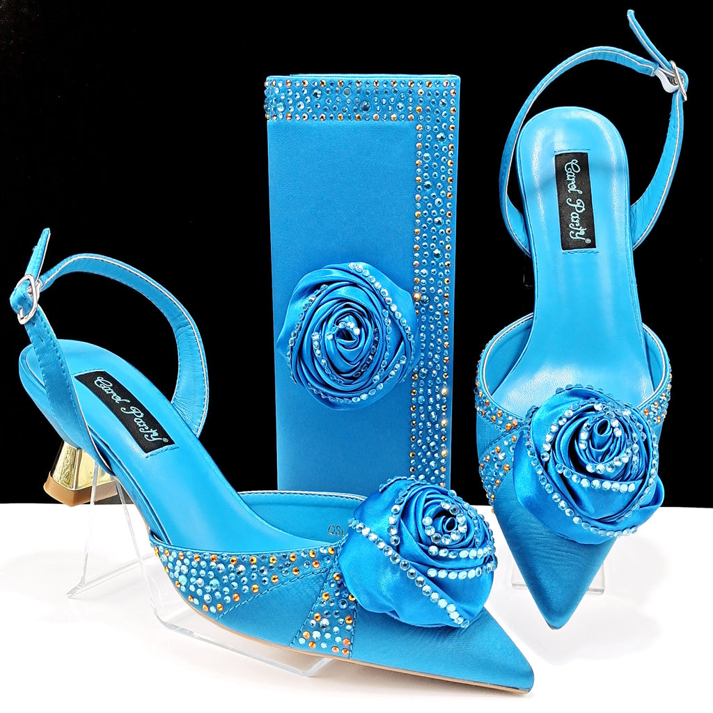 Handmade Satin High Heels & Bags Set with Flower Decoration